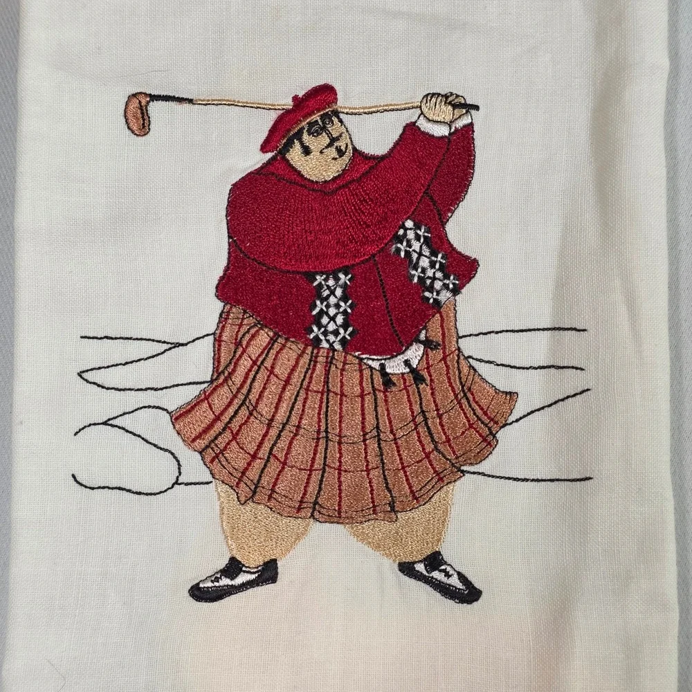 Scottish Golfers White Embroidered Tea Towels Set of 3 Ramie Cotton